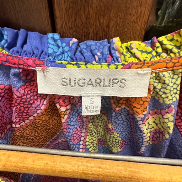 Amazonia Blue Risette Ruffle Cap Sleeve Split Neck Top. - Picture 3 of 7